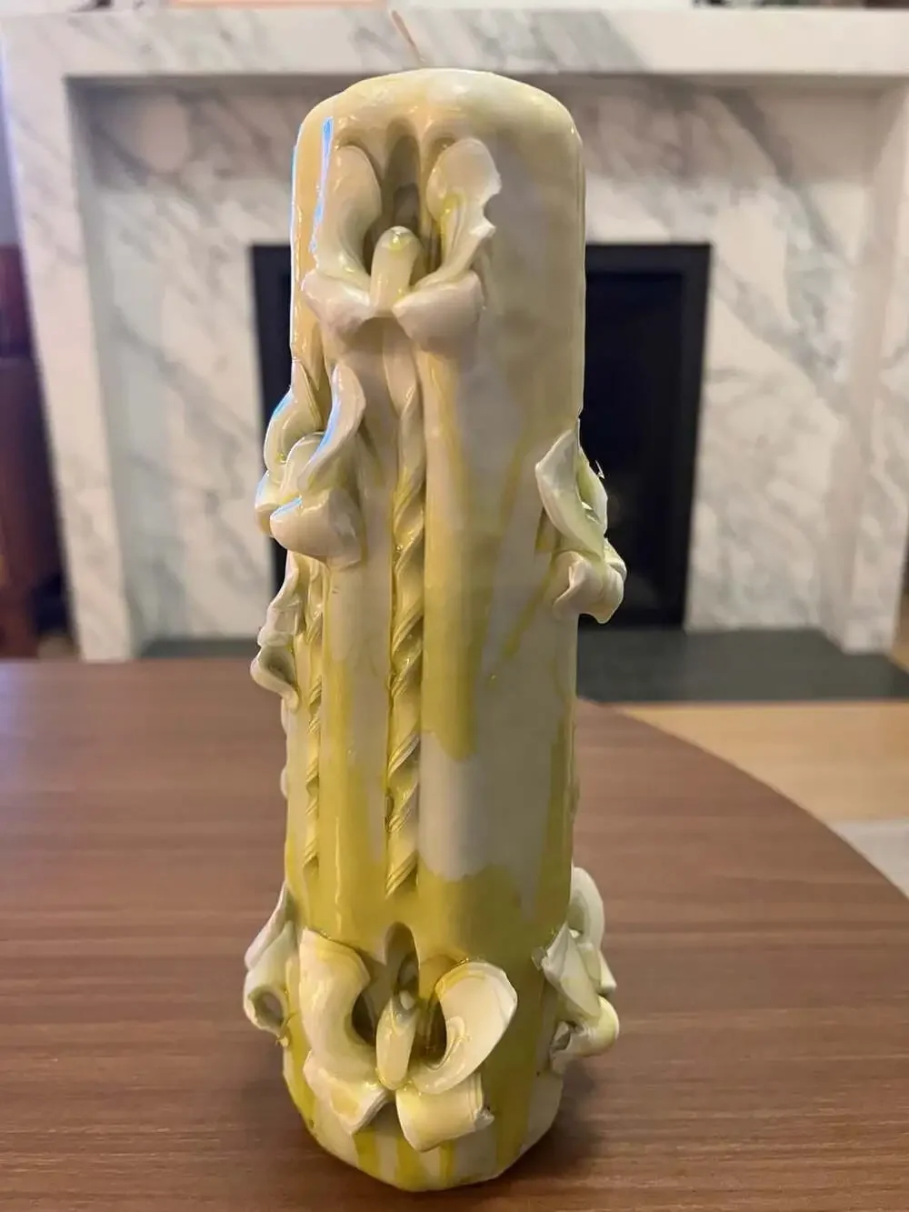 Vintage Hand Carved Sculpted Pillar Candle Green and White Wax